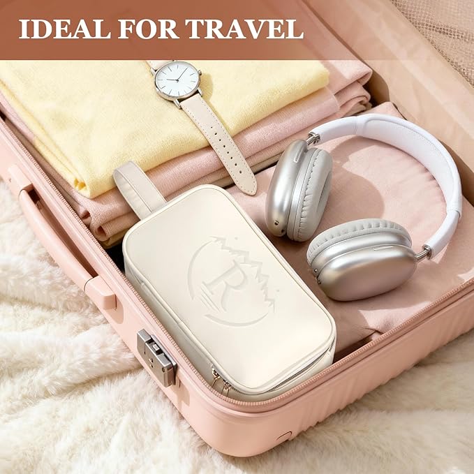 Travel Toiletry Bag for Women, Toiletry Bags for Traveling Women's Leather, Compartments Make Up Bags for Women, Cosmetic Pouch Organizer, White- R