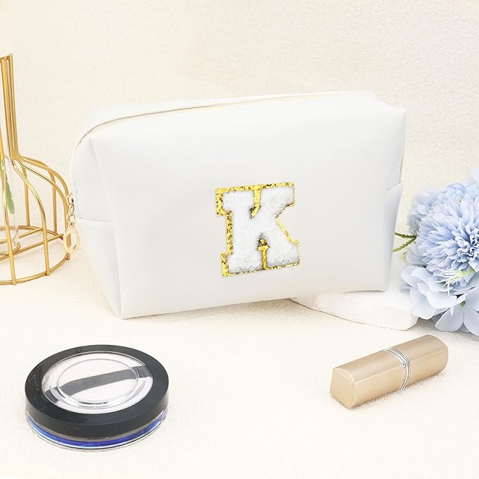 Gifts for Girls Initial Makeup Bag Personalized Cosmetic Bag with Zipper Cute Travel Toiletry Bags Waterproof PU Preppy Makeup Pouch Birthday Gift for Teen Girls Women(White K)