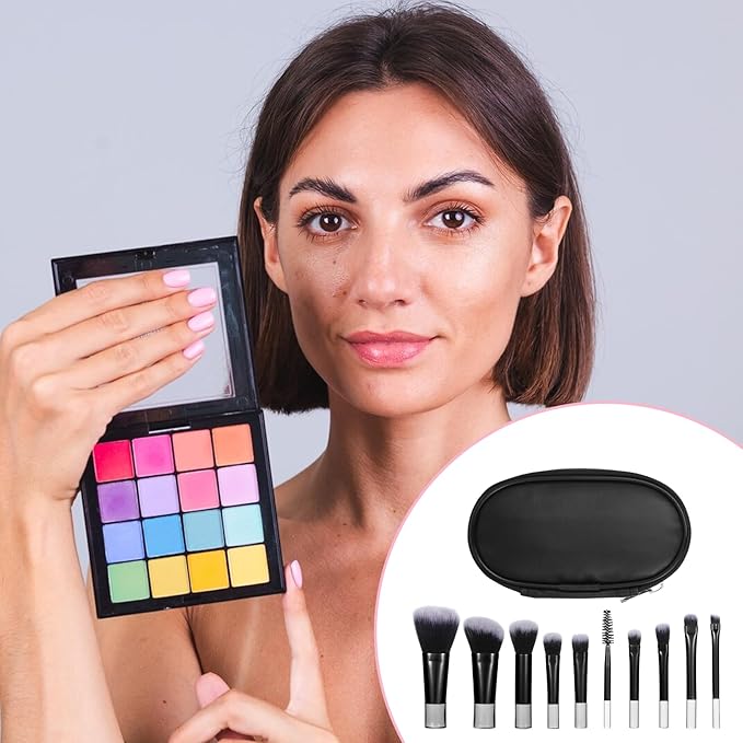10 Pcs Mini Travel Makeup Brush Set With Pouch Black Portable Travel Size Makeup Brushes Professional Cosmetic Brush Travel Essentials kits for Brush Blush Powder Eye Shadow Women Girls