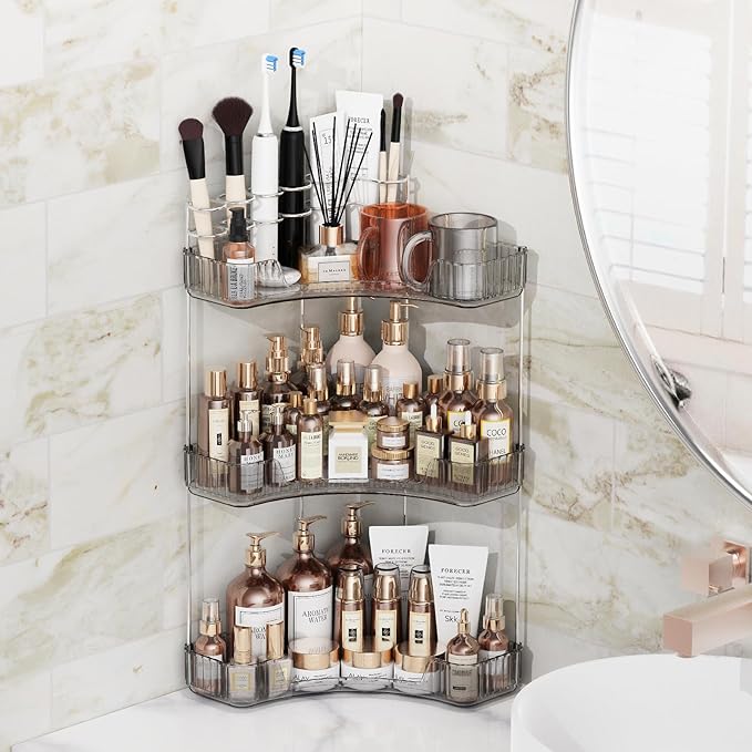 3-Tier Corner Bathroom Counter Organizer with Top Toothbrush Holders,Large Makeup Organizer Countertop with Brush Holder,Skincare Organizers Corner,Exquisite Vanity Organizer (Gray, 3 Tier)