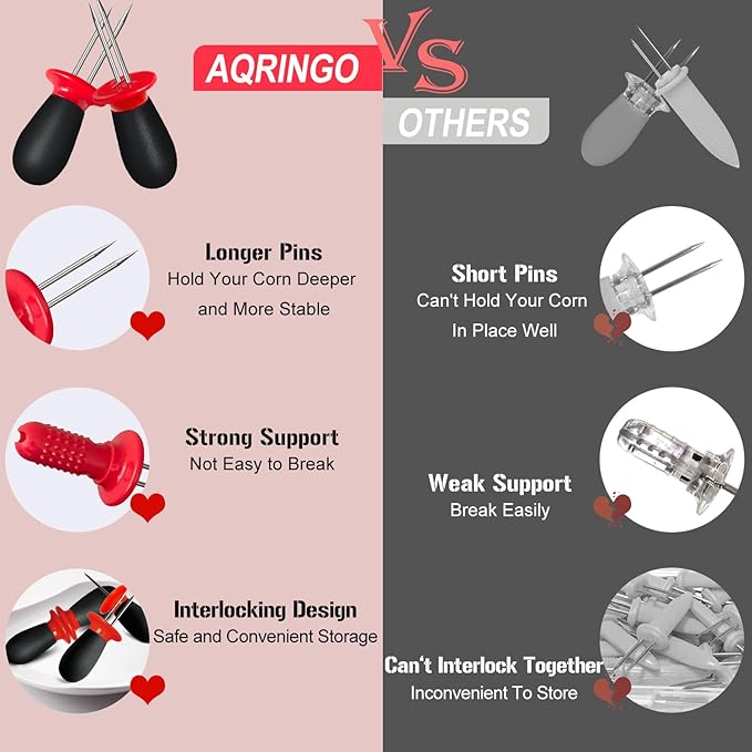 12 Pcs/6 Pairs Corn Holders, Stainless Steel Corn Cob Holders Corn on The Cob Skewers for Home Cooking BBQ Parties Camping, Red-Black