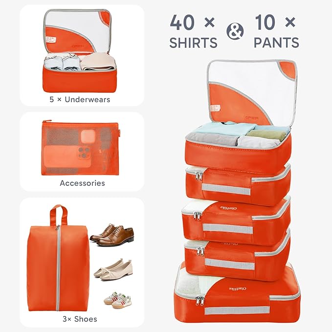 ALL INCLUDED 10 Set Durable Packing Cubes for Travel,Gifts for Women Mom Men,Luggage & Suitcase Organizers with Toiletry Bag,Vacation Essentials for Cruise & Plane,Beach Accessories (Orange)