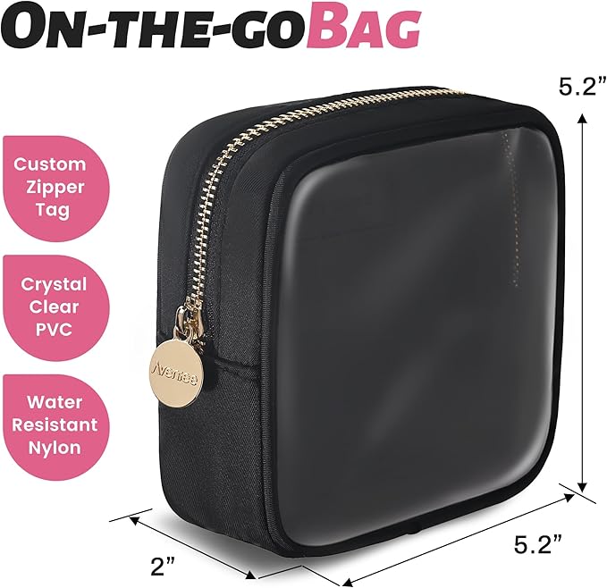 Aveniee Small Clear Makeup Bag, Mini Makeup Bag for Purse Organizer, Cosmetic Bag Travel Zipper Pouch for Women, Cute Car Accessories for Skincare Lipstick Essentials-Black