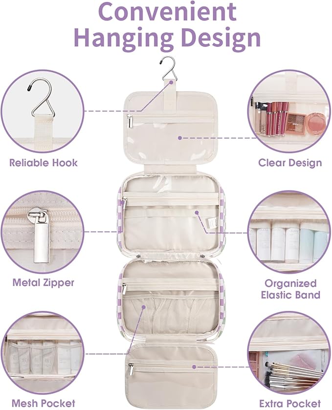 Narwey Travel Toiletry Bag for Women Large Hanging Makeup Bag Organizer Toiletries Bag for Full Size Essentials Accessories Cosmetics (Purple Checkerboard (Large))
