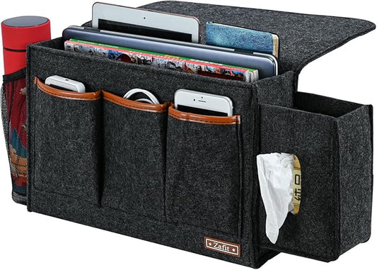 Bedside Caddy, Large Size Storage Organizer - Bedside Organizer for Magazine, Remotes, Phone (13.4'' x 18.1'' Tissue Box Holder, Dark Grey)