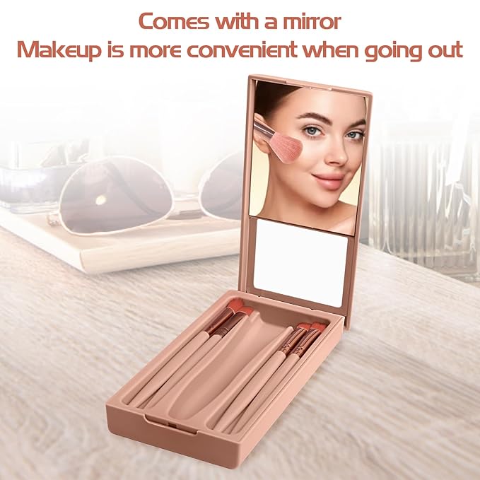 Travel Brush Set, Portable 5 PCS Mini Makeup Brushes with Mirror, Easy-taken Makeup Tool Set for Eyeshadow, Contour, Blush, Complete Function Cosmetic Profesional Tools (Brown)