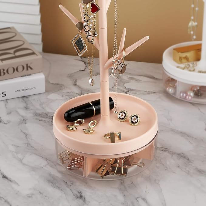 Branch Jewelry Rack With Rotatable Base and Storage Box Tree Tower Rack Hanging Organizer for Ring Earrings Necklace Bracelet,Suitable for living rooms, bathrooms,offices,etc.