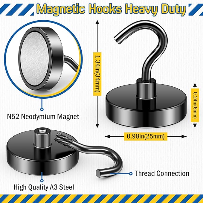 FINDMAG Black Magnetic Hooks, 80lbs Strong Cruise Magnets, Neodymium Magnets with Hooks Heavy Duty, N52 Magnetic Hooks for Cruise Cabins, Travel, Kitchen, Fridge, Camper, Tool, Garage, Pack of 6