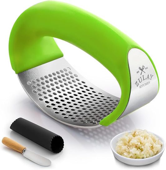 Zulay Kitchen Stainless Steel Garlic Press Rocker Set - Premium Garlic Mincer Garlic Crusher - New Innovative Garlic Crusher with Peeler and Scraper - Comfortable Grip (Green)