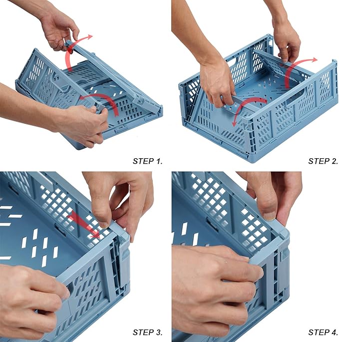 2 Blue 2 White Plastic Storage Basket Folding Storage Boxes Crate Drawer Organizer Stackable Shelf Basket Collapsible Closet Container Food Fruit Bottle Book Organizer for Home Office Kitchen Basket