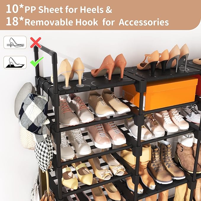 ROJASOP Large Shoe Rack Organizer for Entryway Closet 64-68 Pairs 9-Tier Heavy Duty Tall Garage Shoe Rack Shoe Shelf Shoes Storage with 18 Pcs Removable Side Hooks for Bedroom and Garage Black