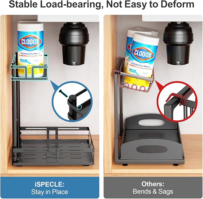 iSPECLE Under Kitchen Sink Organizer - 1 Pack Height Adjustable Pull Out Cabinet Organizer Fit Around Plumbing & Disposal, Heavy-Duty Undersink Storage Sliding Get Item for 30" - 36" Wide Sink Cabinet