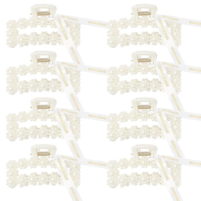 DEEKA Bridesmaid Proposal Gifts 8 Pack Pearl Bridesmaid Hair Claw Clips with Ribbon 3.7 Inch Large Hair Clips Bachelorette Party Favors Bridal Party Present Hair Accessories (Rectangle L)