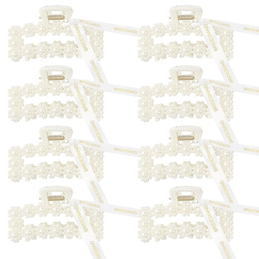 DEEKA Bridesmaid Proposal Gifts 8 Pack Pearl Bridesmaid Hair Claw Clips with Ribbon 3.7 Inch Large Hair Clips Bachelorette Party Favors Bridal Party Present Hair Accessories (Rectangle L)