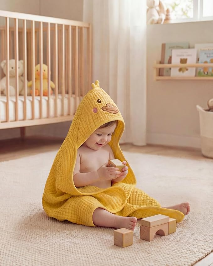Blissful Diary Muslin Baby Hooded Towel 1 Pack, Soft & Absorbent Bath Towel for Infant, Toddler, Unisex, Baby Gift, Newborn Essentials, Sunny Duck