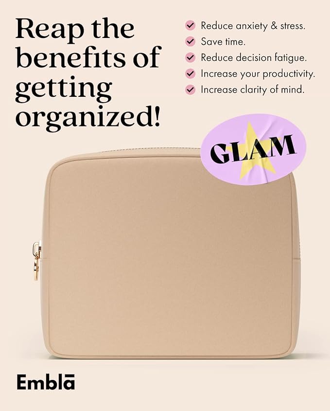 Embla Makeup Bag Travel Cosmetics Pouch and Toiletry Bag, Nylon Zipper Pouch Purse, Cute Make Up Organizer Storage Tote for Women Girls, Waterproof Travel Skincare Case, Large Makeup Bags, Sand