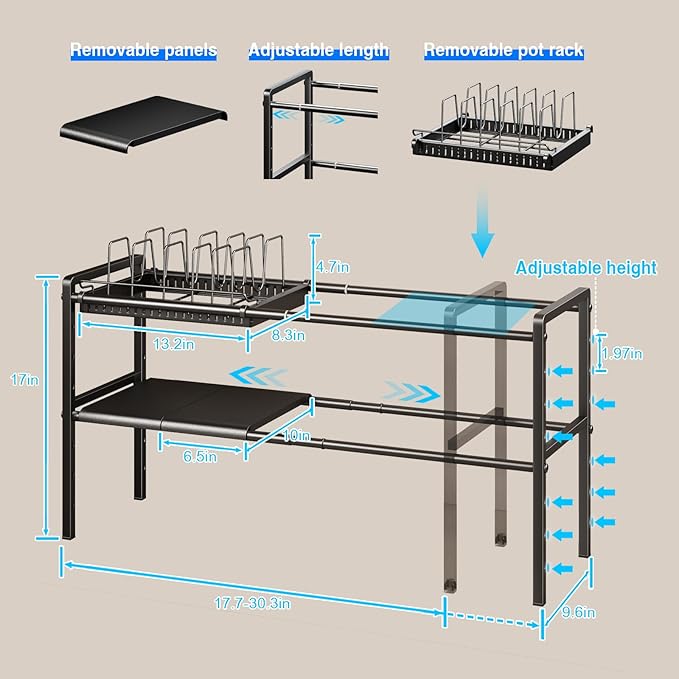 Pots and Pans Organizer Under Cabinet, Expandable 2-Tier Under Sink Organizers Storage Adjustable Height Kitchen Pot and Pan Lid Holder Rack with 6 Dividers (4 Panels, 2 Baskets, 1 Pot Rack, Black)