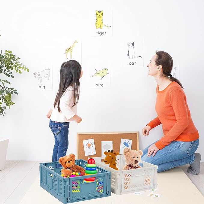 2 Blue 2 White Plastic Storage Basket Folding Storage Boxes Crate Drawer Organizer Stackable Shelf Basket Collapsible Closet Container Food Fruit Bottle Book Organizer for Home Office Kitchen Basket