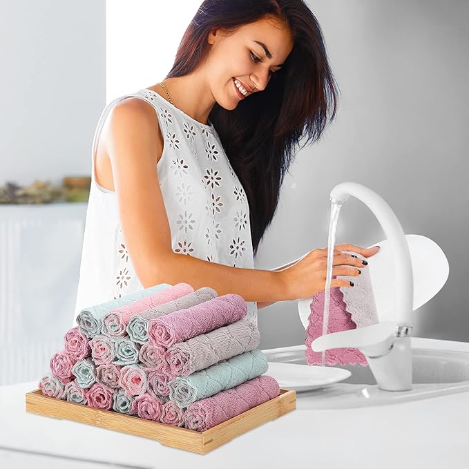 Rachan 11Pack Kitchen Dish Cloths, Reusable Dish Towels, Nonstick Oil Washable Fast Drying, Super Absorbent Coral Velvet Cleaning Cloths for Mom from Daughter Son(Green-grey10 x 6")