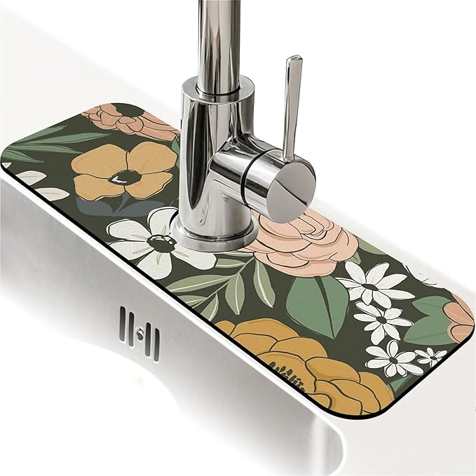 Kitchen Sink Splash Guard, Vintage Large Floral Faucet Mat Sink Gadgets - Super Absorbent Fast Drying Mat Drip Catcher for Kitchen, Bathroom, Sink Mat, Dish Drying Mat, Bathroom (15" X 5.5")
