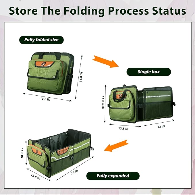 Car Trunk Organizer for SUV, 70L Heavy Duty Waterproof Trunk Organizer, Foldable Vehicle Organizer with Anti-Slip Base, 24”x13.8”x11.8”, GREEN-M003