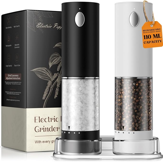 Electric Salt and Pepper Grinder Set, Rechargeable Automatic Salt and Pepper Shaker with 6 Adjustable Coarseness, Large-Capacity Pepper Mill Kitchen Appliances Gifts for Women(BlackWhite）