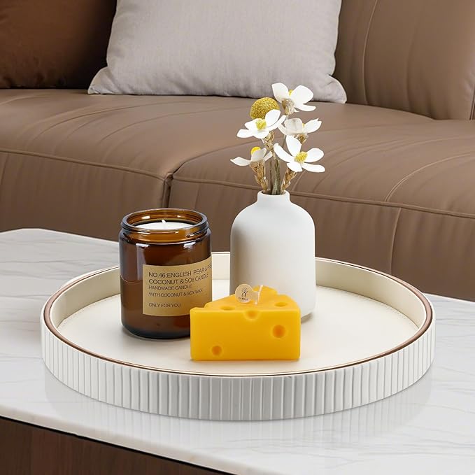 KINGFOM Decorative Serving Tray, PU Leather Valet Nightstand Desk Organizer for Men Women, Round Tray Decor for Coffee Table/Home Decor, Modern Decorative, Centerpiece (Ivory White)