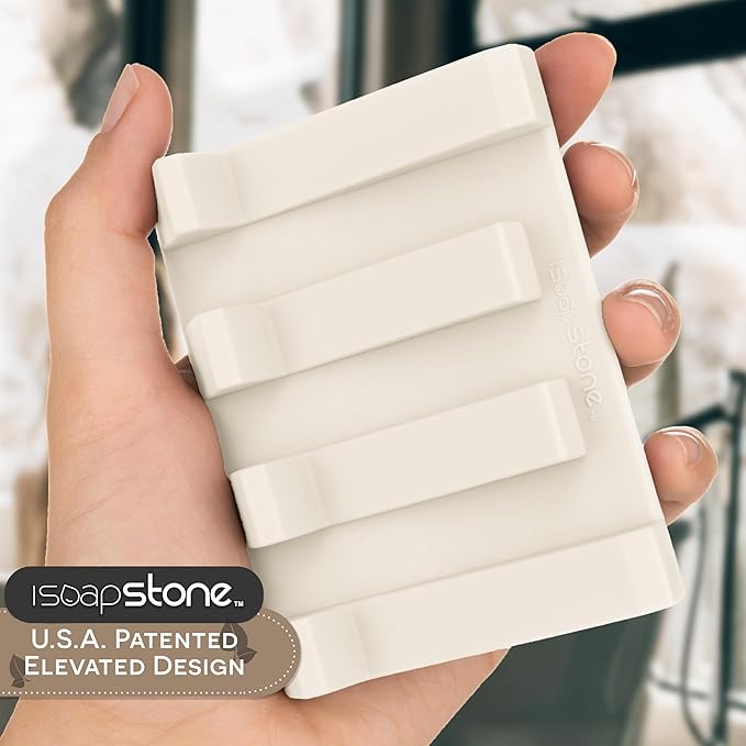 iSoapStone Silicone Soap Dish (USA Patented) Self Draining Bar Soap Holder for Shower Bathroom Sink, Drying Soap Dish Tray Sponge Holder Easy Cleaning Soap Saver Travel Accessories (Beige, 2)