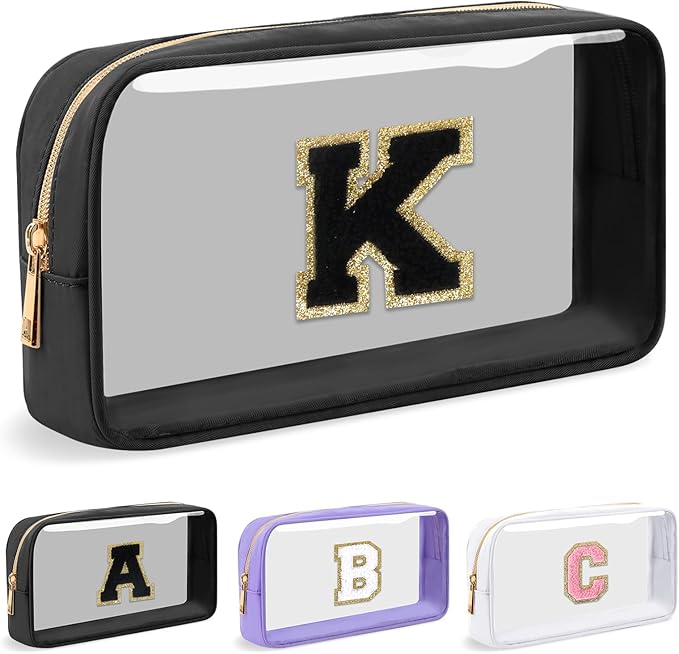 Personalized Initial Letter Clear Makeup Bag, Preppy Small Nylon & PVC Cosmetic Zipper Bag with Chenille Letter, Travel Skincare Toiletry Bag, Monogram Christmas Gift for Teen Girls Women, K