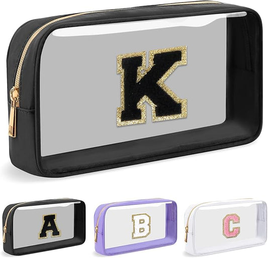 Personalized Initial Letter Clear Makeup Bag, Preppy Small Nylon & PVC Cosmetic Zipper Bag with Chenille Letter, Travel Skincare Toiletry Bag, Monogram Christmas Gift for Teen Girls Women, K