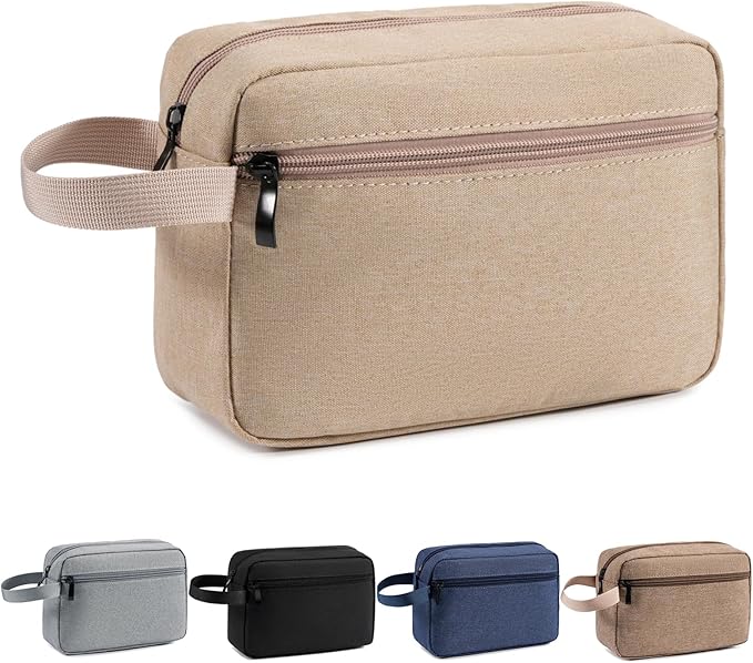 Travel Toiletry Bag, Small Cosmetic Bag, Hanging Water-Resistant Organizer for Men & Women, Ideal for Makeup, Shaving Kit, Gym Essentials & Travel Accessories (Khaki)