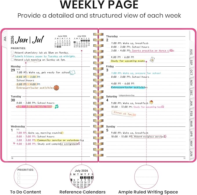 Planner 2026-2027 for Women & Men, Academic Monthly and Weekly Calendar Planner, Jul 2026 - Jun 2027, A4 (8.5" x 11"), Teacher Student Planning Book with Tabs, Ideal for Office School Supplies - Berry Pink