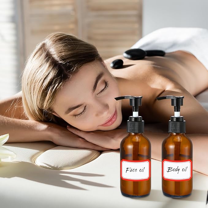 Fumete 2 Pack Glass Bottles 4oz Empty Refillable Liquid Containers with 1 Label 1 Funnel for Essential Oils Hair Travel Plants Cleaning Skin Care(Amber, Black Top,Pump Bottle)