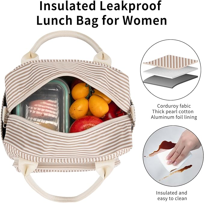 Lunch Bag Women Lunch Box for Women Adult Cute Insulated Lunch Bag Lager Cooler Lunch Tote Bags for Work Picnic (Brown Stripes)