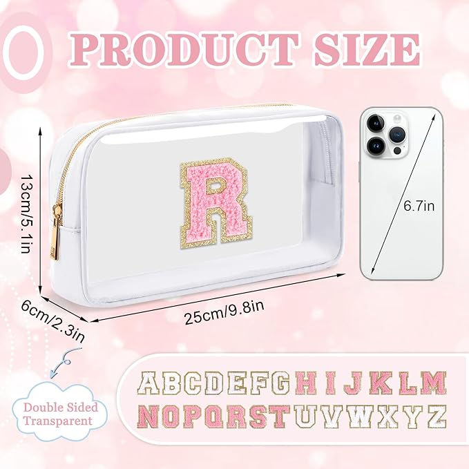 Small Clear Personalized Initial Makeup Bag,Nylon Preppy A-Z Chenille Letter Patch Cosmetic Pouch Beach Toiletry Bag,Waterproof Zipper Travel Purse Storage Bag Organizer for Women Girls(White-Pink R)