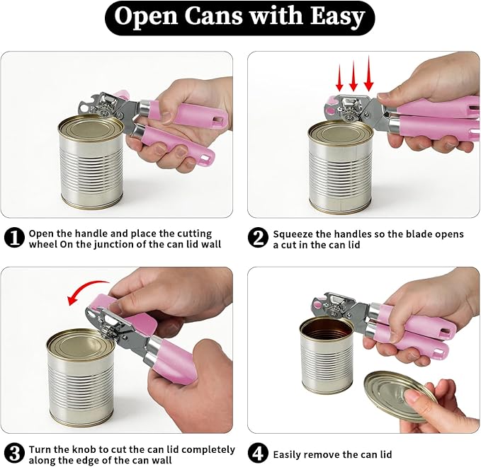 Can Opener Manual, Hand Heavy Duty Stainless Steel Bottle Opener Comfortable Handle, Sharp Blade Smooth Edge, Multifunctional Kitchen Tool, Pink