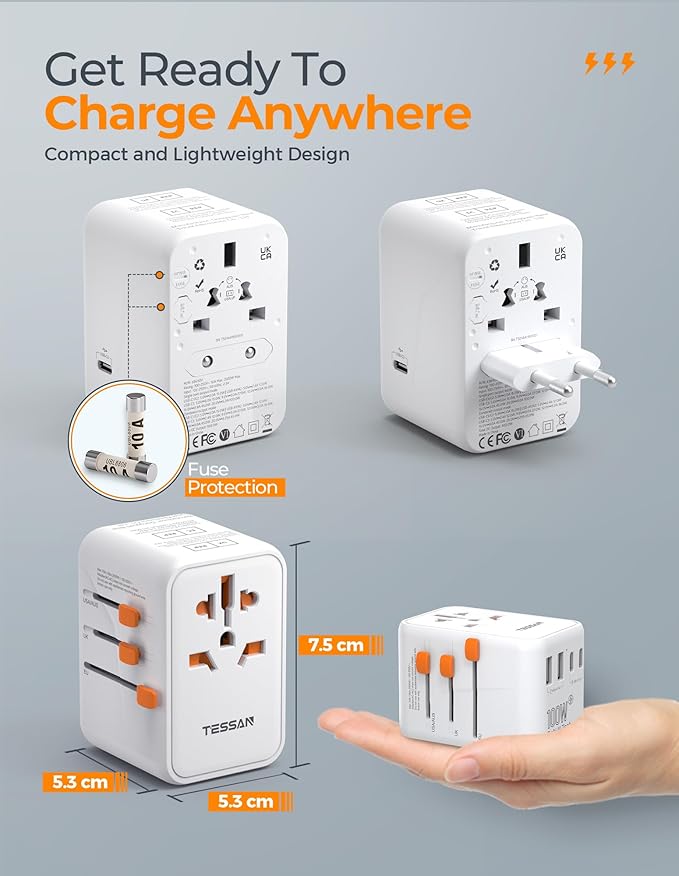 TESSAN Universal Travel Adapter 100W GaN, International Power Adapter with 5 USB (3 USB C) Charging Ports, Worldwide Outlet for US to European Europe UK AUS Ireland (Type C/G/A/I)