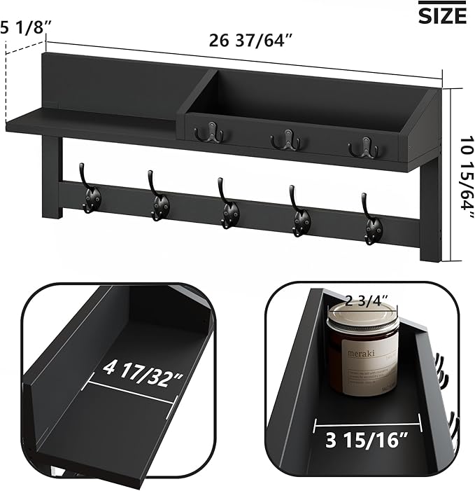 AMBIRD Wall Hooks with Shelf, 26.57 Inch Entryway Wood Coat Hooks for Wall, Coat Rack Wall Mount Rack with 5 Dual Hooks 3 Key Hooks Mail Organizer and Key Rack Key Holder (Black)
