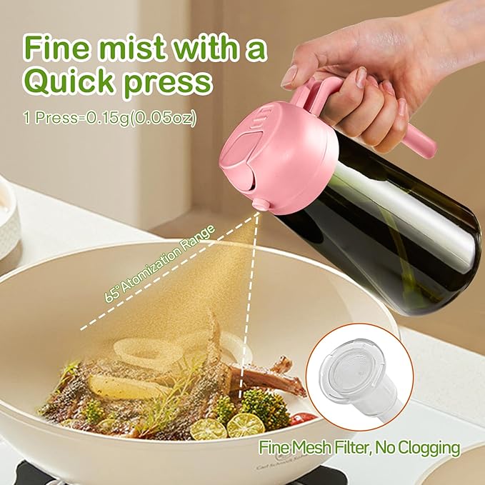 YARRAMATE 16oz/470ml Dark Green Oil Sprayer for Cooking with Stickers, Food-grade Premium 2 in 1 Olive Oil Dispenser Bottle for Kitchen Gadgets, Air Fryer, Salad, Frying, BBQ (Pink)