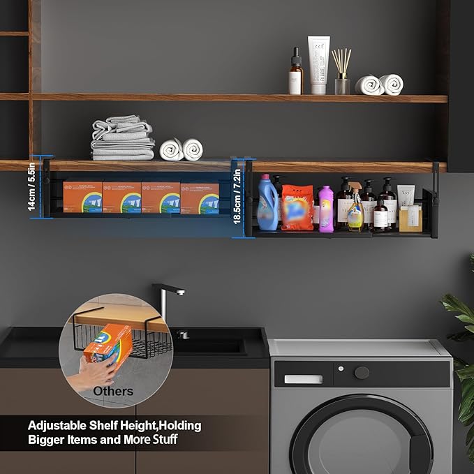 AmonHouseware 2-Pack Under-Shelf Baskets, Adjustable Hanging Under Cabinet Shelf Storage, Length Stretchable 14.9-22.6 Inches for Kitchen Pantry Desk Counter Bookshelf Cupboard (Black)
