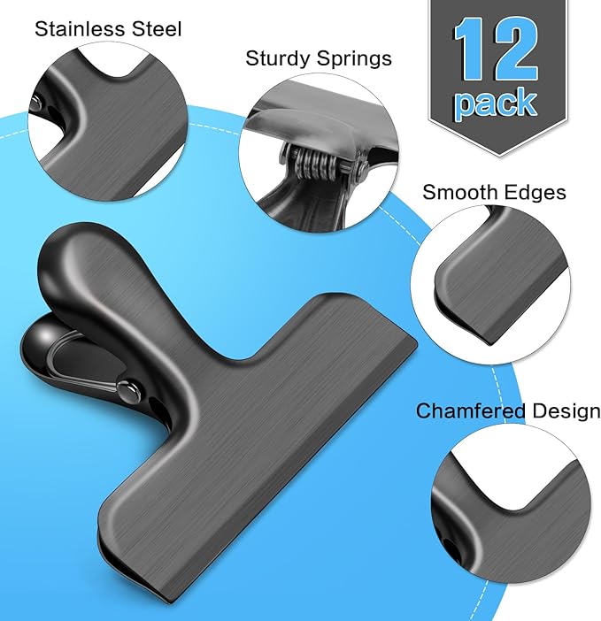 24 Pack Chip Clips, Stainless Steel Bag Clips for Food, Heavy-Duty Chip Bag Clips, Food Clips Ideal for Kitchen Office Storage (Black)