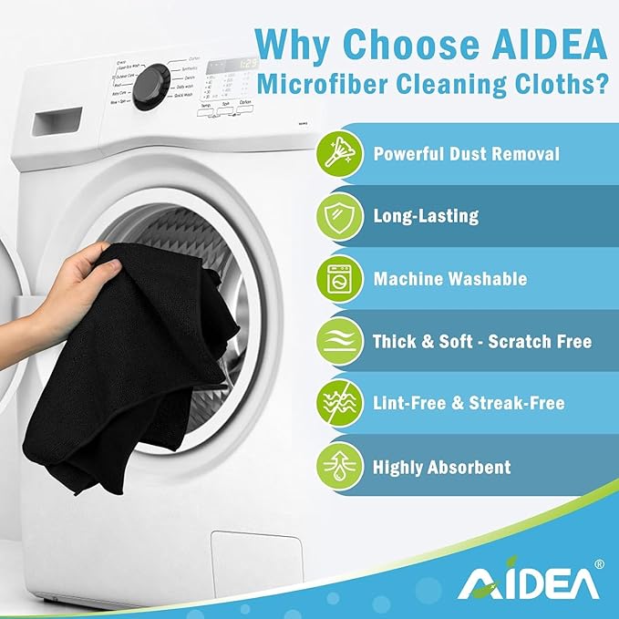 AIDEA Microfiber Cleaning Cloth-600PK, Soft Microfiber Towels for Cars, Absorbent Cleaning Rags, Lint-Free Streak-Free Wash Cloths for House, Kitchen, Window(12in.x12in), Black