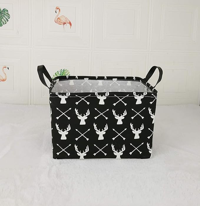 KUNRO Rectang Black Storage Basket Gift Shelf Basket Storage Bin, Nursery Basket Organizer Box for With Handles for Room Deco (Deer)