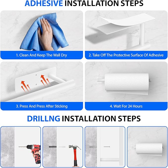 Paper Towel Holder Under Cabinet, Self-Adhesive,No Drilling, Stainless Steel, Wall-Mounted for Kitchen and Bathroom, Easy Install, Durable, Space-Saving, Ideal for Home, RV (White, 1 Pack)