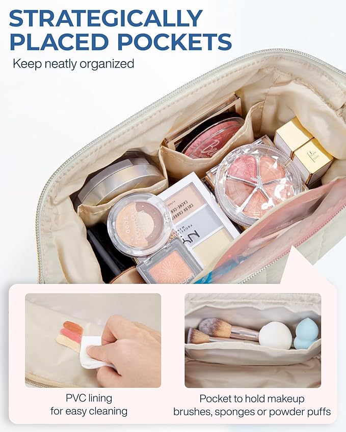 BAGSMART Makeup Bag Cosmetic Bag Wide Open, Beige, M, Wide-open Travel Makeup Bag With Puffy Padded and Rectangular Quilted