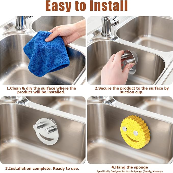 Cute Sponge Holder for Kitchen Sink, Stainless Steel Smiley Face Sink Sponge Holder with Suction Cup, Rustproof Sink Caddy Compatible with Scrub Daddy Sponges, 1Pcs