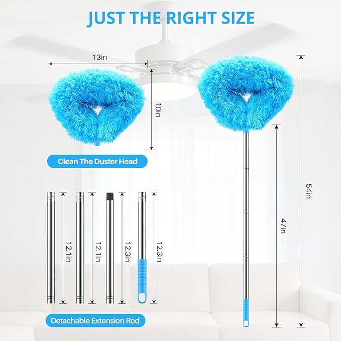 SetSail Ceiling Fan Cleaner Duster, Microfiber Ceiling Fan Duster with Extension Pole 13 to 47 Inch Washable Ceiling Fan Blade Dusters for Cleaning