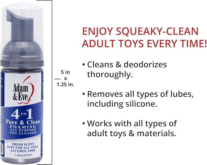 Adam & Eve Sex Toy Cleaner, 4 In 1 Pure And Clean Foaming Adult Toy Cleaner, Fast Acting Misting Spray For Adult Toys, Vibrators, Dildos, Tea Tree Oil Formula Perfect for Gifting, No Residue, 1.6 oz