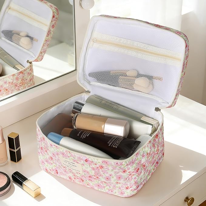 Gosect 1pc Large Makeup Bag, Cute Cosmetic Bag for Women Girls, Floral Coquette Aesthetic Toiletry Bag, Travel Makeup Organizer Bag (Pink Floral Print)