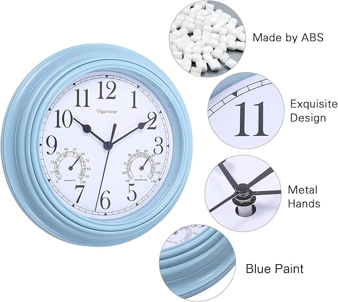 Wall Clock, Sweep Silent Movement Accurate Clocks with Temperature & Humidity, Decorative for Kitchen/Living Room/Bedroom/Office/School/Classroom (Blue, 9 inch)